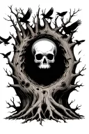 dead tree with, a hole in the trunk, skull face emerging from base of tree and crows on the branches and flying.  tattoo design idea