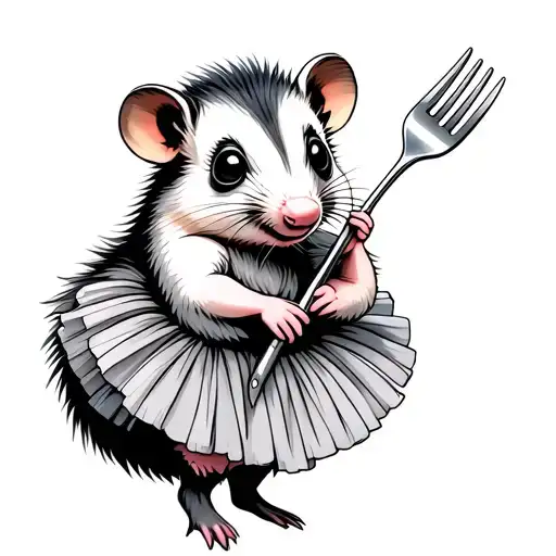 cute possum wearing tutu holding fork tattoo design idea