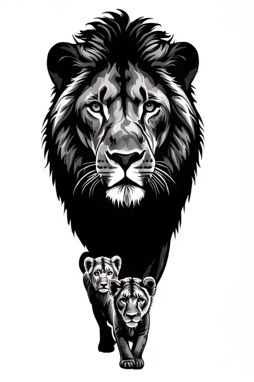 lion head, silhouette of lioness and 2 cubs walking in the forest tattoo design idea