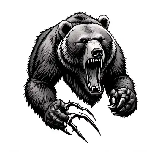 Small tattoo with a growling grizzly bear with a claw ripping through the skin realistic grey  tattoo design idea
