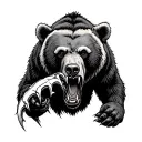Small tattoo with a growling grizzly bear with a claw ripping through the skin realistic grey  tattoo design idea