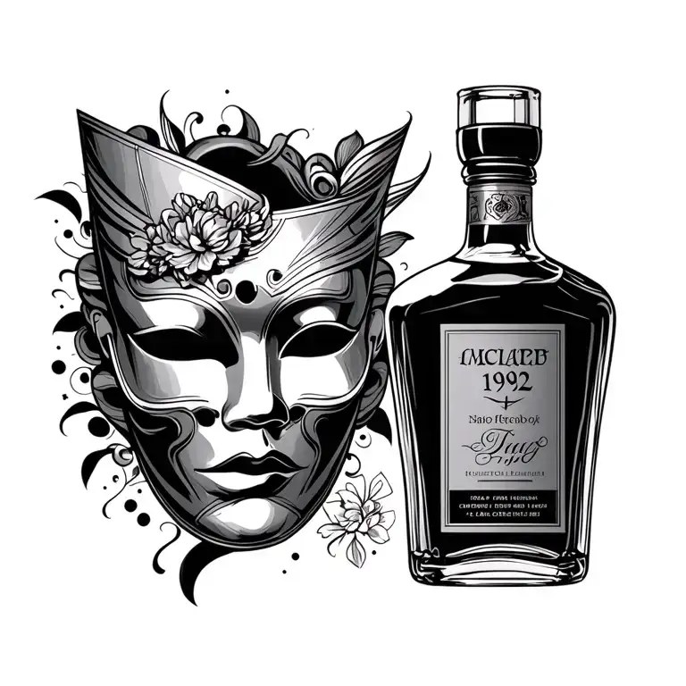 A pretty bottle of spirits, a mask evoking theater on the label, the year 1992.All in an elegant, art-deco style tattoo design idea