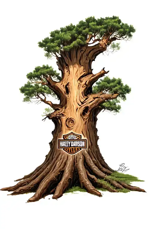 Harley Davidson Oakland tree trunk tattoo design idea