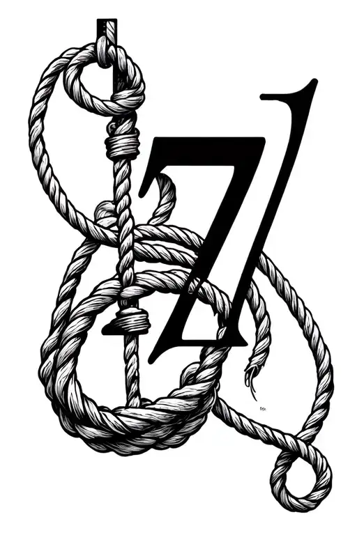the number 7 with a noose hanging from the top like a gallows tattoo design idea