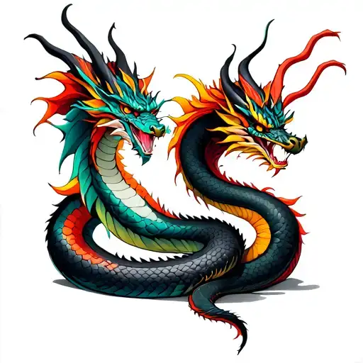 colorful dragon and black snake facing eachother tattoo design idea