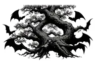 Tree with bats hanging upside down tattoo design idea