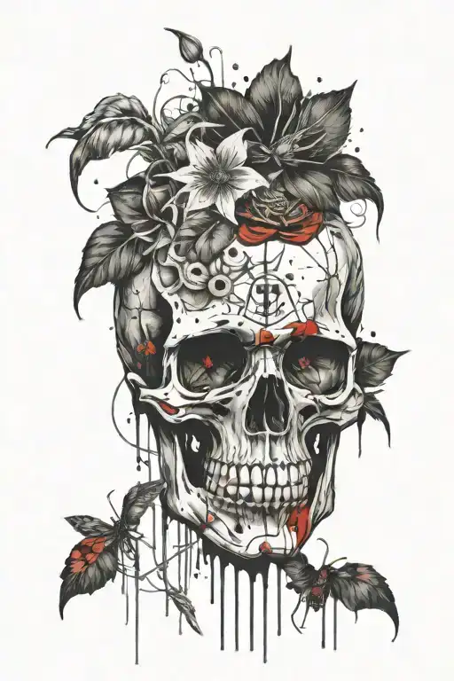 anatomically correct skull facing forward, sunflowers coming up behind skull, spider lillies bottom of skull tattoo design idea