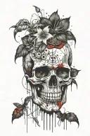 anatomically correct skull facing forward, sunflowers coming up behind skull, spider lillies bottom of skull tattoo design idea