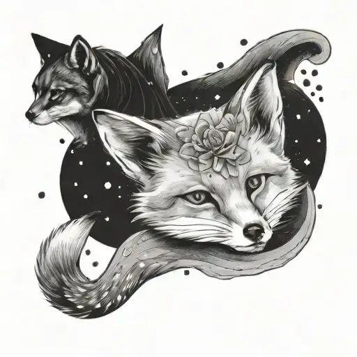 little prince, together w a fox and a rose, side by side looking at the galaxy tattoo design idea