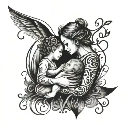 A black and white tattoo with delicate and emotional elements, representing the eternal love between a mother and her child. The central image is an open letter, with the fluid and smooth calligraphy of a passage from a letter that says 'Mother, I love you'. On the paper of the letter, the birth date (1970) and the date of passing (2022) are discreetly included in a small and elegant format. The letter gently wraps around a heart, with thin and shaded lines, suggesting love and connection. The letter and heart may be slightly intertwined around an old writing feather, symbolizing communication and affection. The style of the tattoo is minimalist and intimate, with delicate lines and soft shading, creating a sense of nostalgia and emotional depth. tattoo design idea