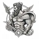 Create a geometric tattoo style for a sleeve with greek god like (heros) and add ther things like a nimbus from dragon b tattoo design idea