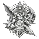 Create a geometric tattoo style for a sleeve with greek god like (heros) and add ther things like a nimbus from dragon b tattoo design idea