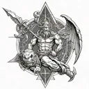 Create a geometric tattoo style for a sleeve with greek god like (heros) and add ther things like a nimbus from dragon b tattoo design idea