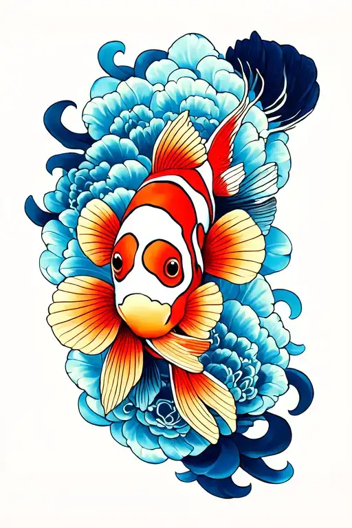 Japanese traditional clownfish tattoo design idea