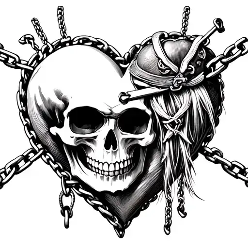 the heart pirate skull with kurapika chains wrapped tattoo design idea