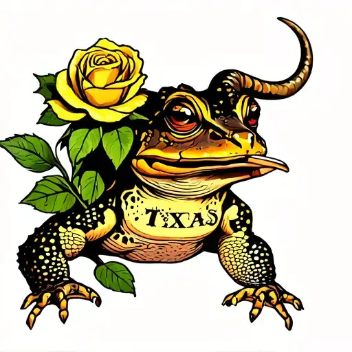 Horned toad holding a yellow rose in its mouth with a texas symbol on its back tattoo design idea