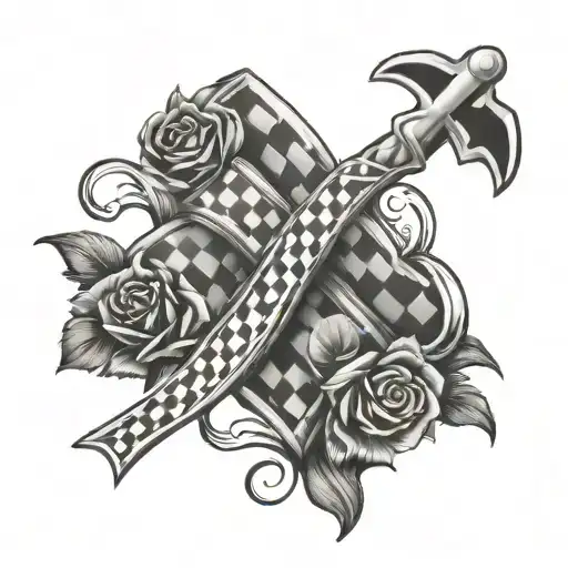 Cross sleve with checkered flag intertwined, saying in loving memory of Tanner Torres tattoo design idea