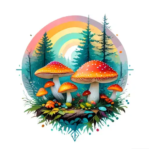 geometric forest and amanita mushrooms geometry mandala background rainbow tattoo design idea