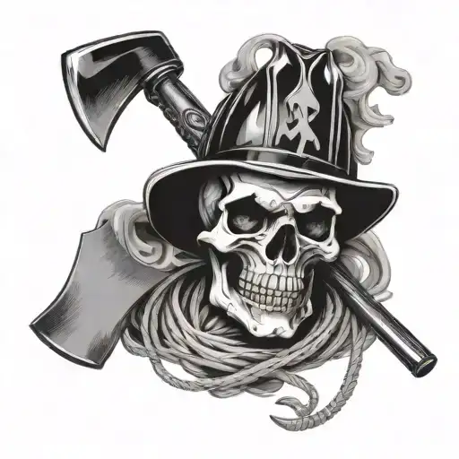 Skull with firefighter tools like an axe and hose intertwined tattoo design idea