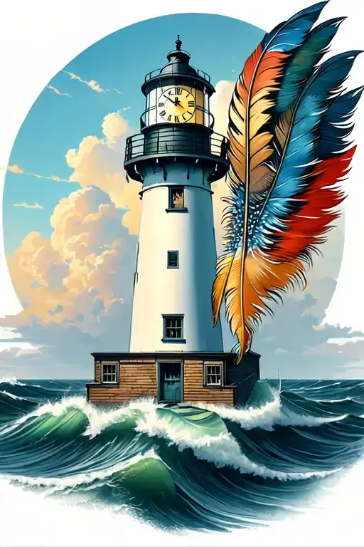 lighthouse with clock, helm and indian feathers dangling tattoo design idea