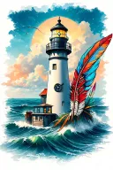 lighthouse with clock, helm and indian feathers dangling tattoo design idea