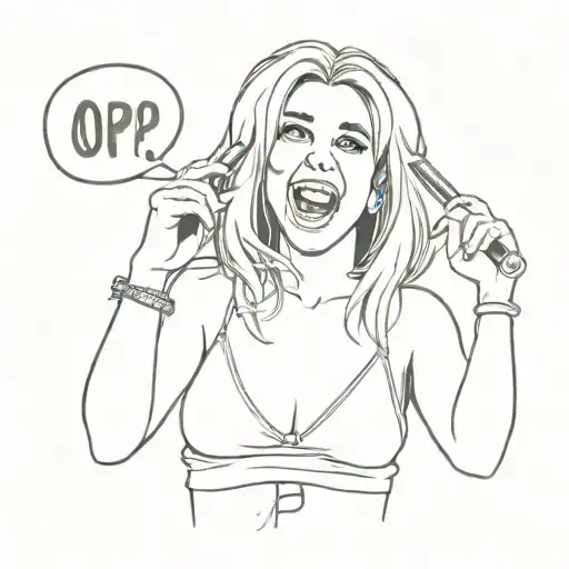 Britney Spears being crazy with a cell phone in her hand and shaving her hair and a text bubble that says oops tattoo design idea