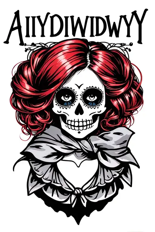"AIYDIWDWY" sugar skull with red hair, hair scarf, in a bun tattoo design idea