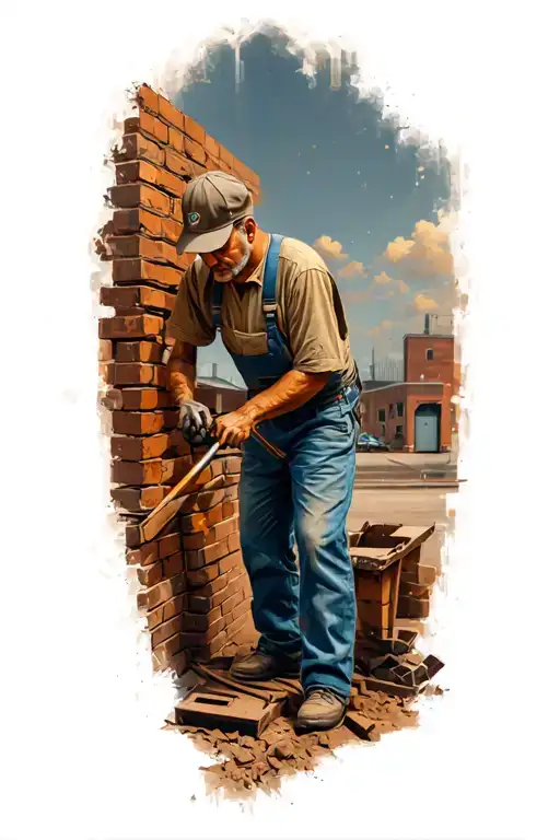 A realistic portrait of your father working as a brick layer, with a subtle music theme incorporated into the background tattoo design idea