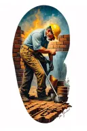 A realistic portrait of your father working as a brick layer, with a subtle music theme incorporated into the background tattoo design idea