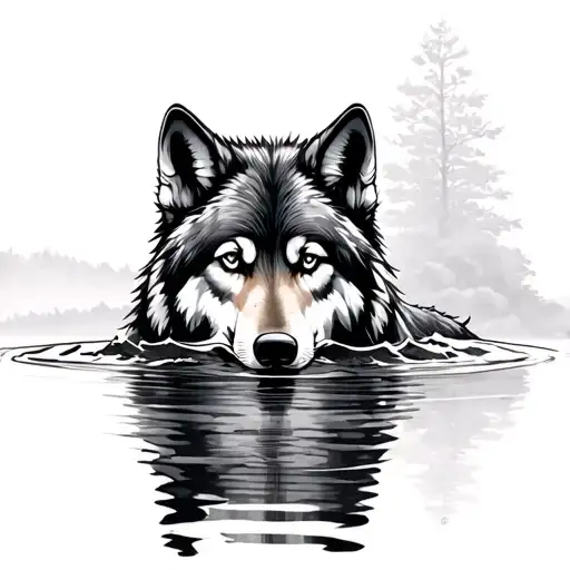 Wolf Reflection In Water tattoo design idea