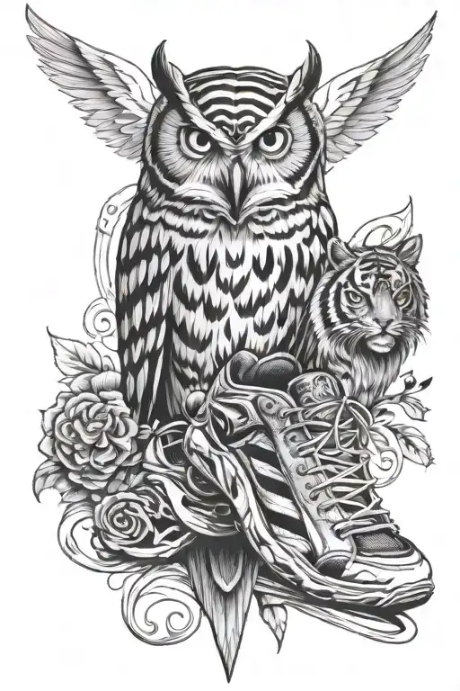 owl and tiger and track shoe  tattoo design idea