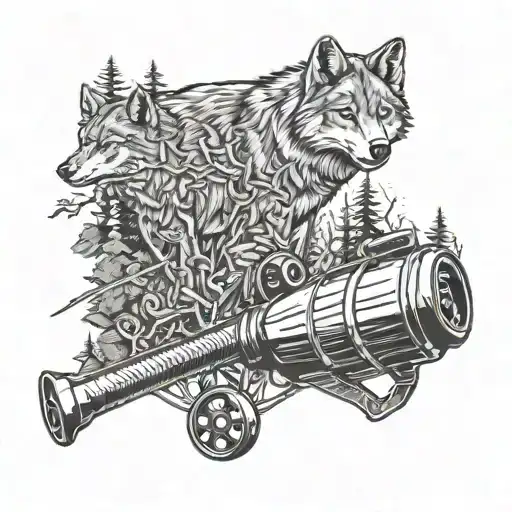 A fishing rod and reel morphing into a forest scene with wolves roaming around, in black-grey style tattoo design idea