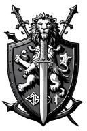 lion, sword, shield, bow and arrows, crest featuring symbols tattoo design idea