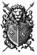 lion, sword, shield, bow and arrows, crest featuring symbols tattoo design idea