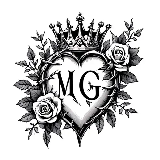 "M G" heart surrounded by thorns and roses with a crown adorned tattoo design idea