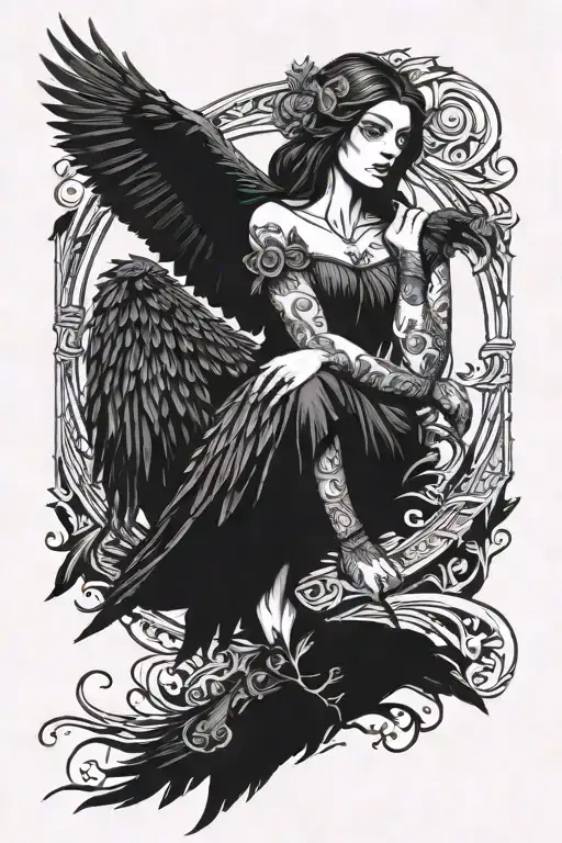 The Morrigan depicted with a raven perched tattoo design idea