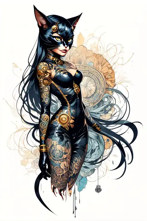 steampunk catwoman silhouette intertwined with artistic tattoo design idea
