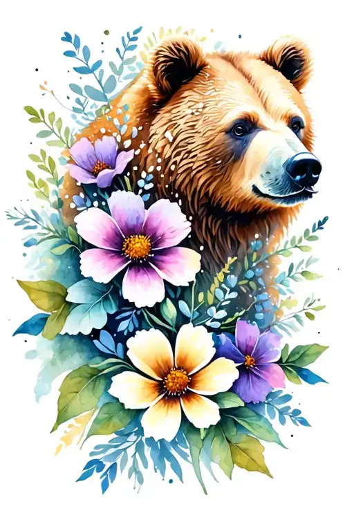 bear  nightfall flowers tattoo design idea