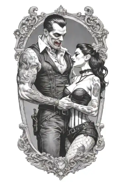 realistic scene of a gothic pinup girl waering corset and fishnets being bitten by a scary male vampire tattoo design idea
