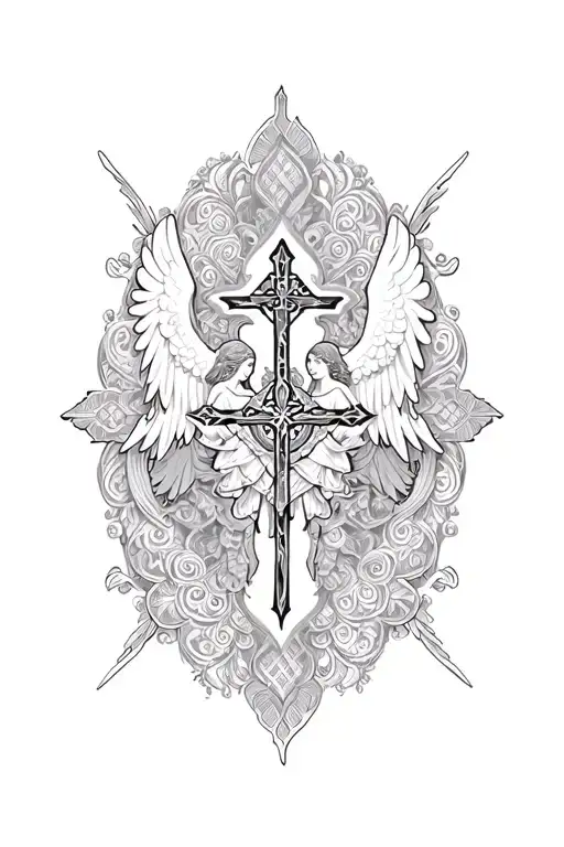 Christian mandala cross  angels tattoo design idea