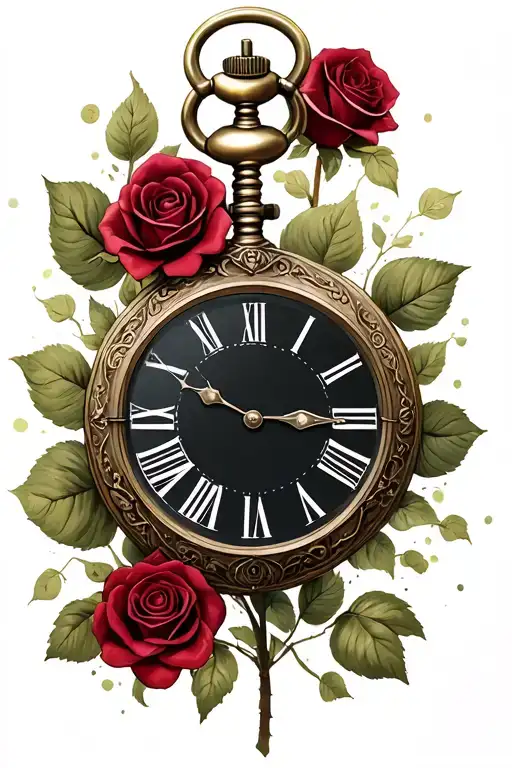 roses, ancient pocket watch, 2006 in Roman numerals tattoo design idea