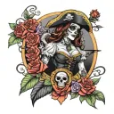 pirate captain girl day of dead surrounded by roses tattoo design idea