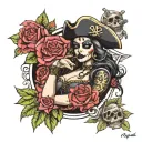 pirate captain girl day of dead surrounded by roses tattoo design idea