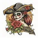pirate captain girl day of dead surrounded by roses tattoo design idea