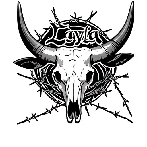longhorn bull skull with barbed wire incorporating the name Layla  tattoo design idea