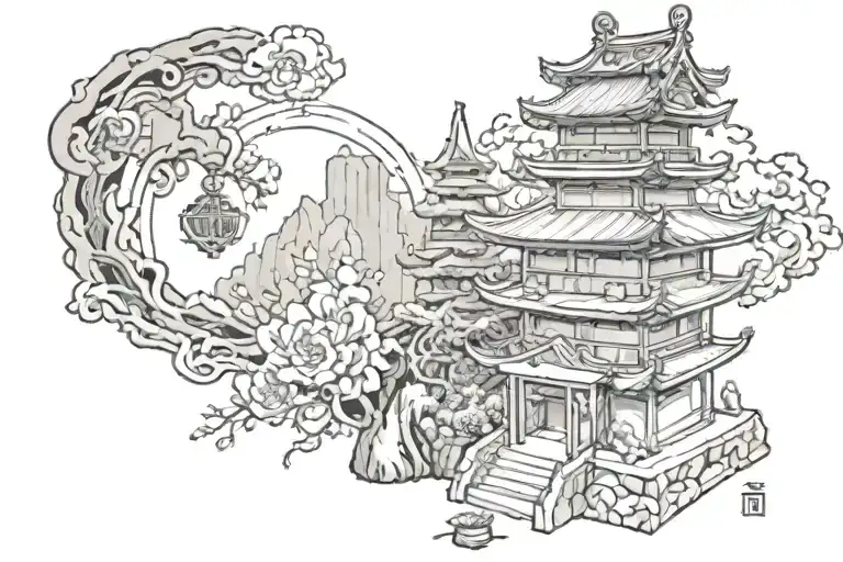 a pagoda coming out of the omamori charm tattoo design idea