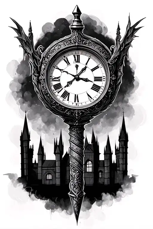 harry potter elder wand with clock going backward and a silhouette of hogwarts and orchars from first person  tattoo design idea