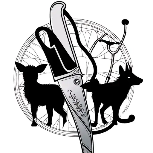 A tattoo design of a chef's knife and a stethoscope intertwined with animal silhouettes representing different cuisines and travel destinations tattoo design idea
