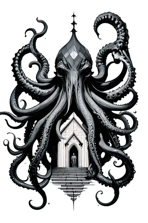 A dark, sketchy Cthulhu tattoowith massive tentacles, a chapel between the tentacles, distorted geometric tattoo design idea