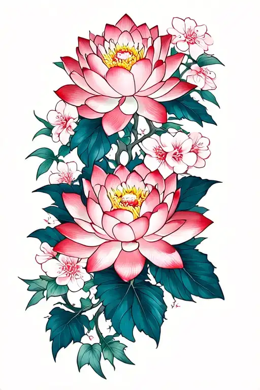 peonies, lotuses, and cherry blossoms arm tattoo tattoo design idea